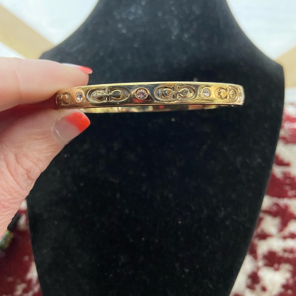 Coach Bangle, Monogrammed Gold Tone With Rhinestones, Hinged